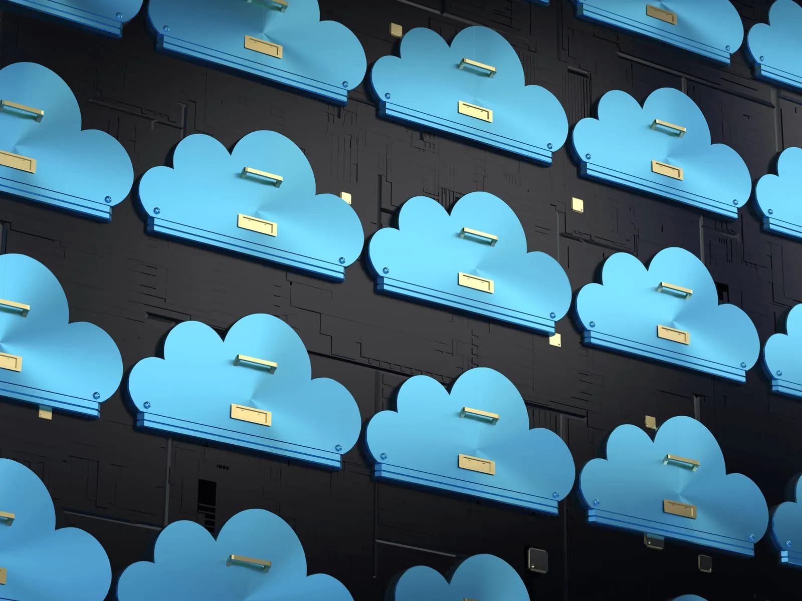 Rows of blue cloud-shaped file drawers on a dark wall