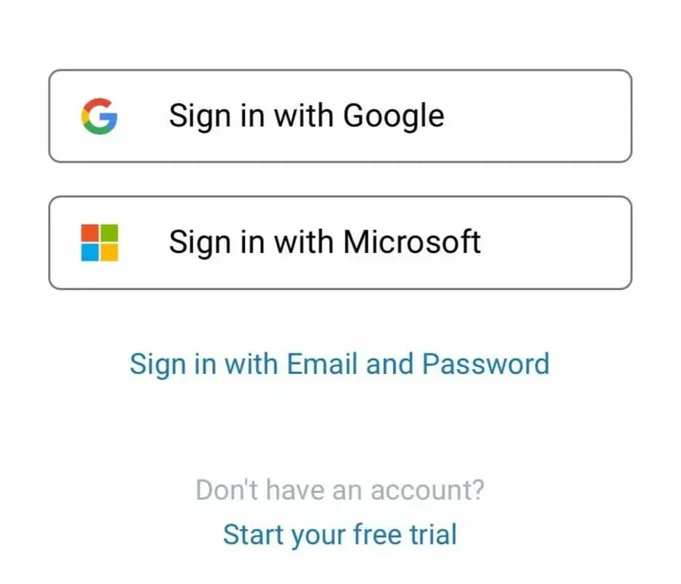 Sign-in screen with Sign in with Google and Sign in with Microsoft buttons