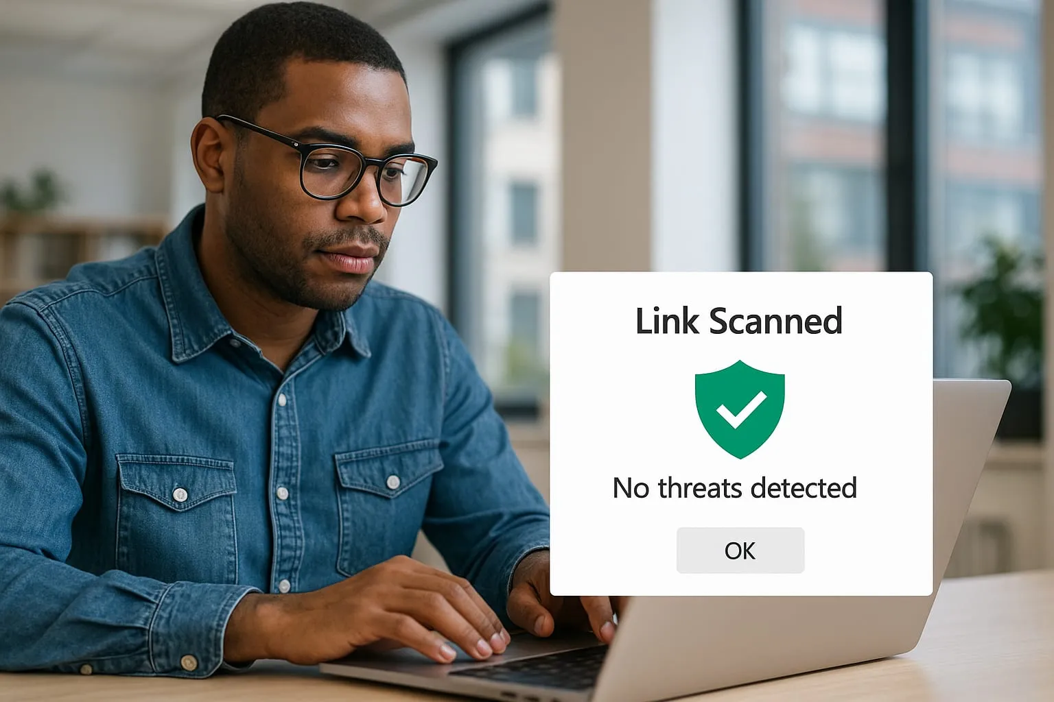 man working at computer with an image of a ‘Link Scanned’