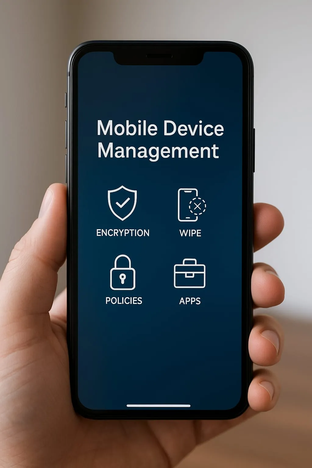 phone with mobile device management text on screen