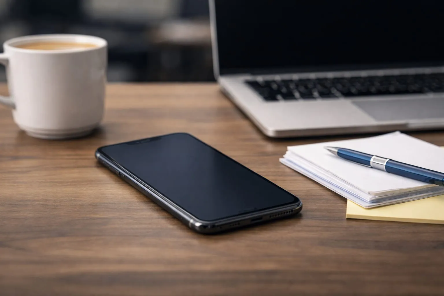 Smartphone on a desk next to a laptop, coffee mug, and notepad with a pen