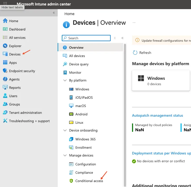 Microsoft Intune admin center with arrows pointing to Devices and then Conditional access