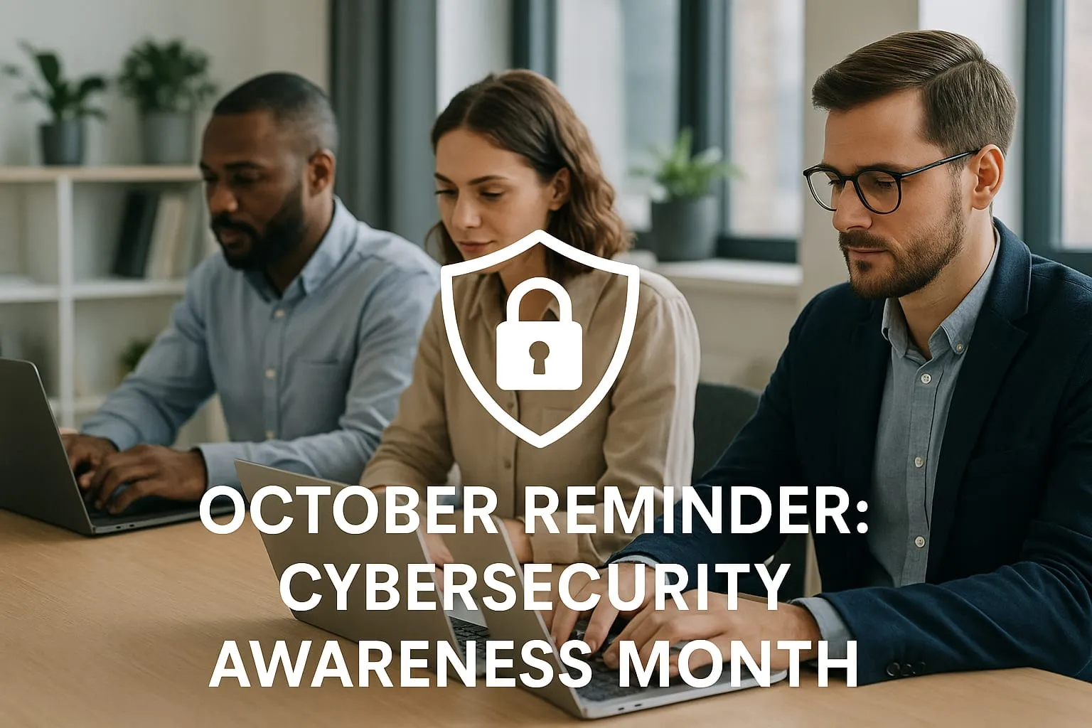 Three coworkers on laptops behind a padlock shield icon and the words October Reminder: Cybersecurity Awareness Month