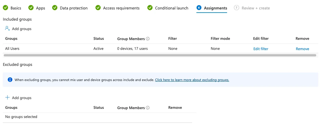 App protection policy Assignments step with the All Users group included