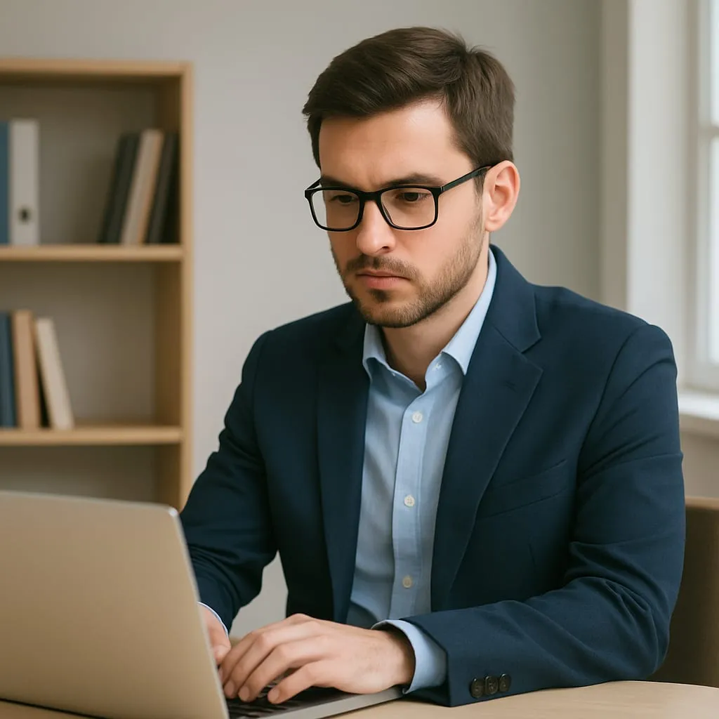 Professional man working at a laptop in a modern office, representing secure business email use.
