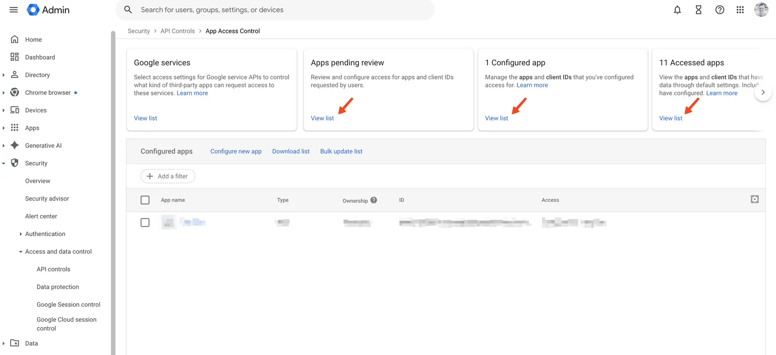 You can view pending requests, configured apps, and all apps.