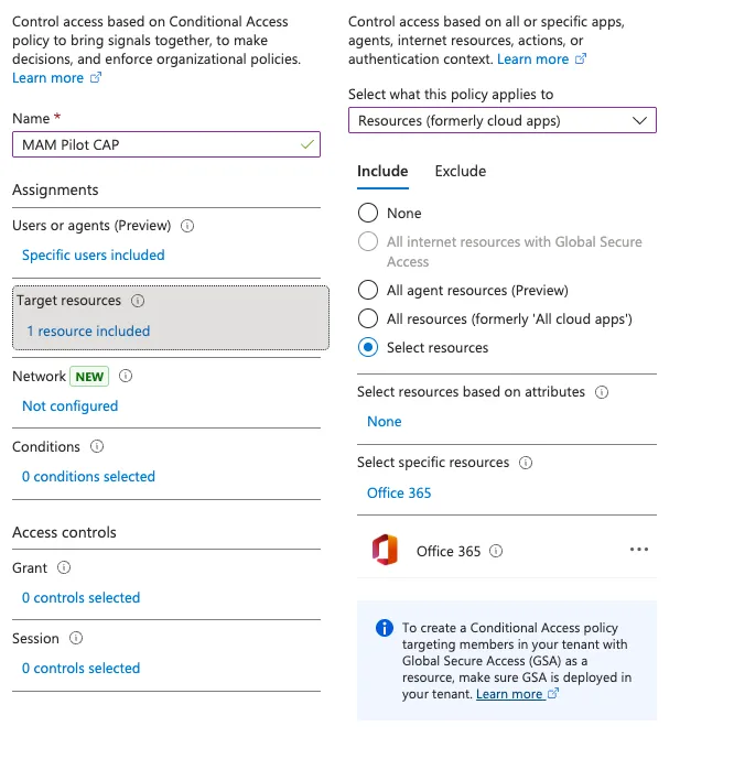 Conditional Access target resources with Select resources chosen and Office 365 included